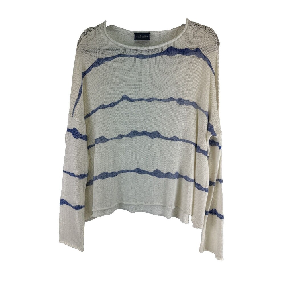 Wooden Ships Sweater Lightweight White Blue Striped Pullover Roll Hem Small